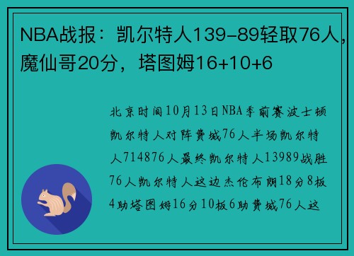 NBA战报：凯尔特人139-89轻取76人，魔仙哥20分，塔图姆16+10+6